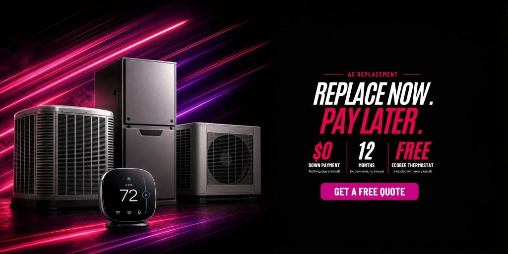 AC Replacement: Replace Now, Pay Later. $0 down payment, 12 months no payments no interest, free Ecobee thermostat included.