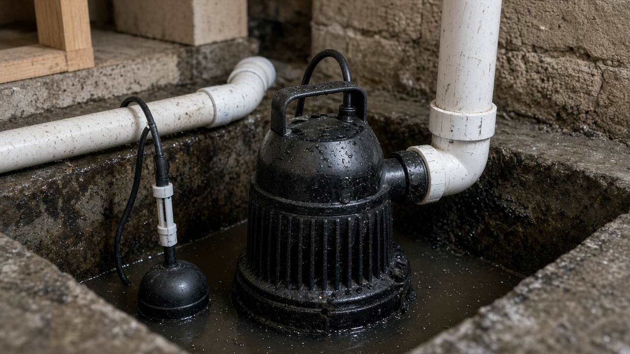 Aging submersible sump pump in a wet Ontario basement pit with PVC discharge pipe