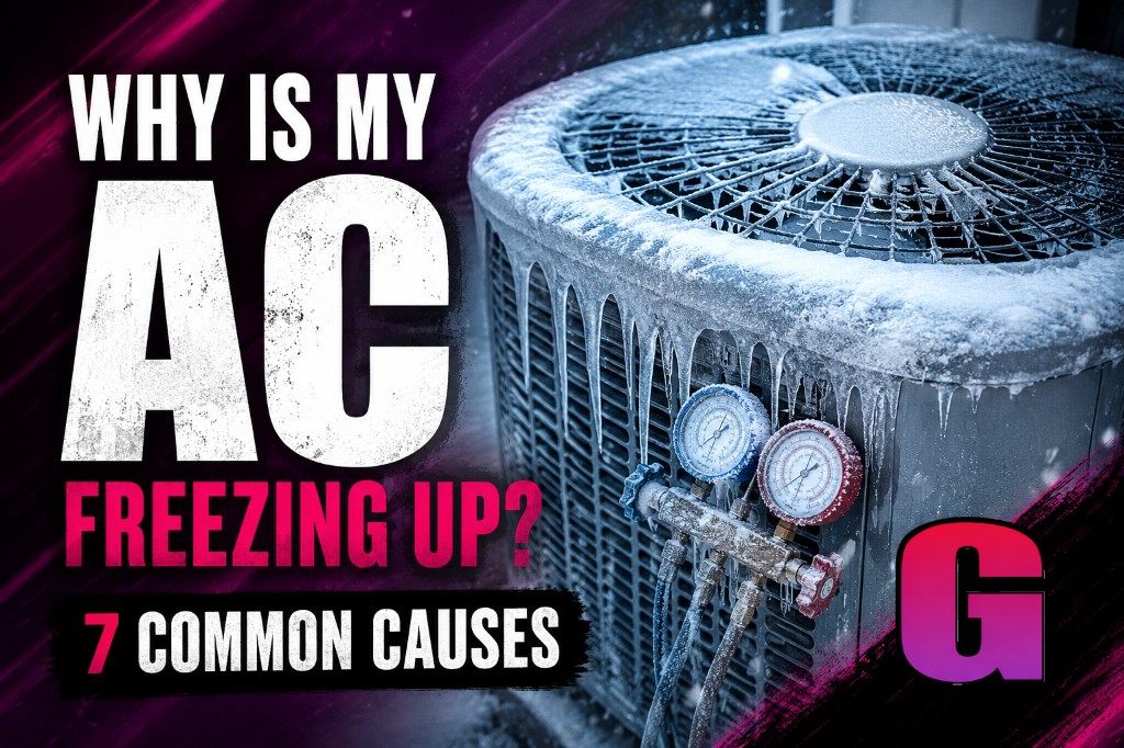Frozen outdoor air conditioner covered in ice with HVAC manifold gauges attached — why an AC unit freezes up