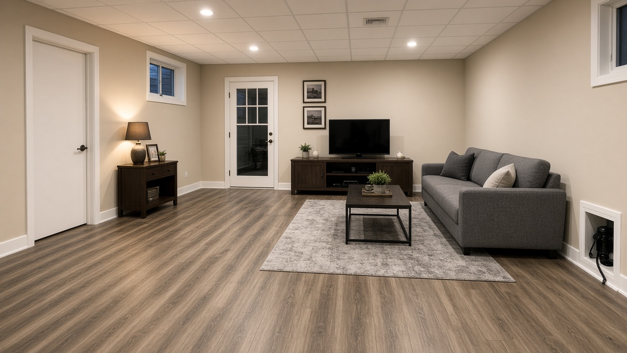 Finished Ontario basement living space that depends on a reliable sump pump for flood protection