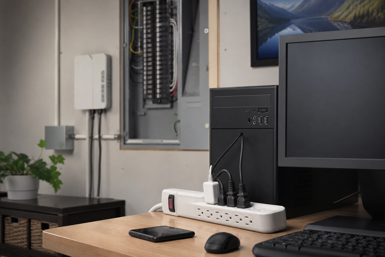 Layered surge protection with whole-home SPD at the panel and point-of-use surge strip for sensitive electronics