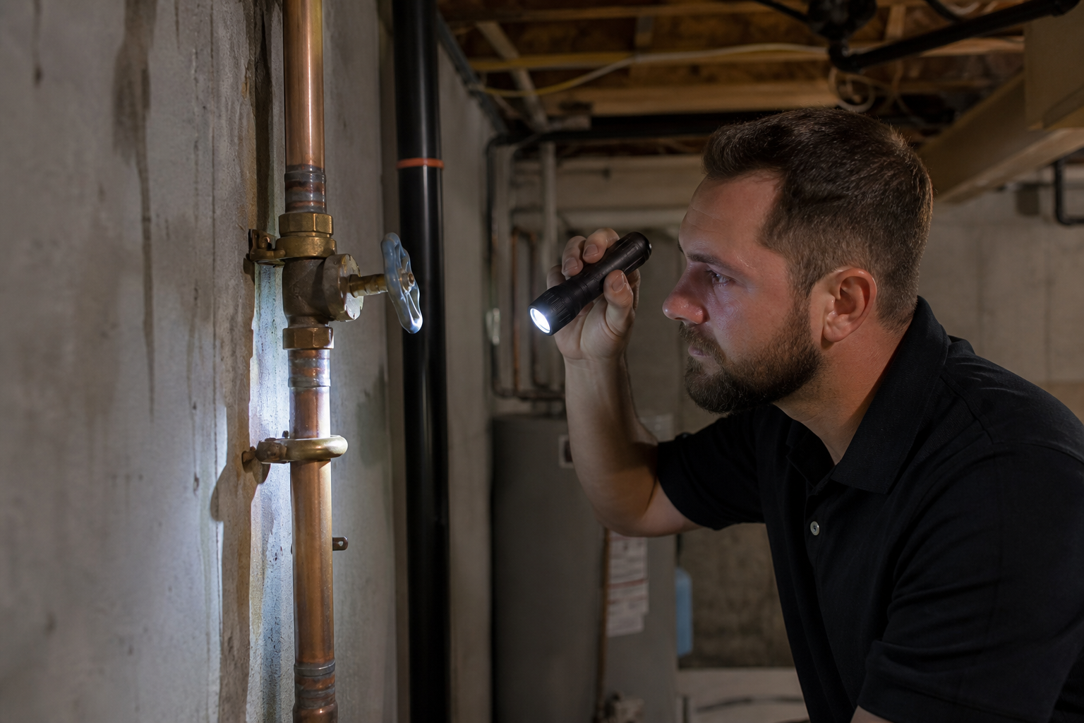 Plumber inspecting a main water shutoff valve and copper plumbing in an Ontario home basement