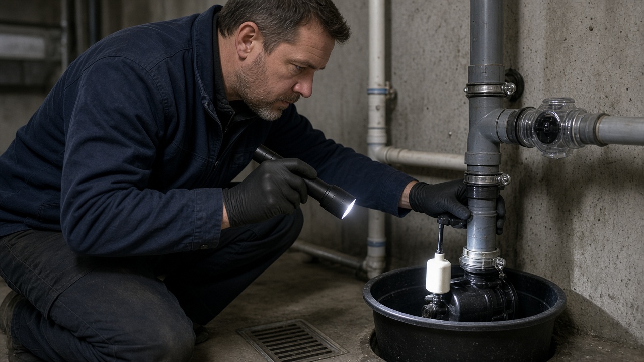 Plumber inspecting a residential sump pump, float switch and discharge setup in an Ontario basement