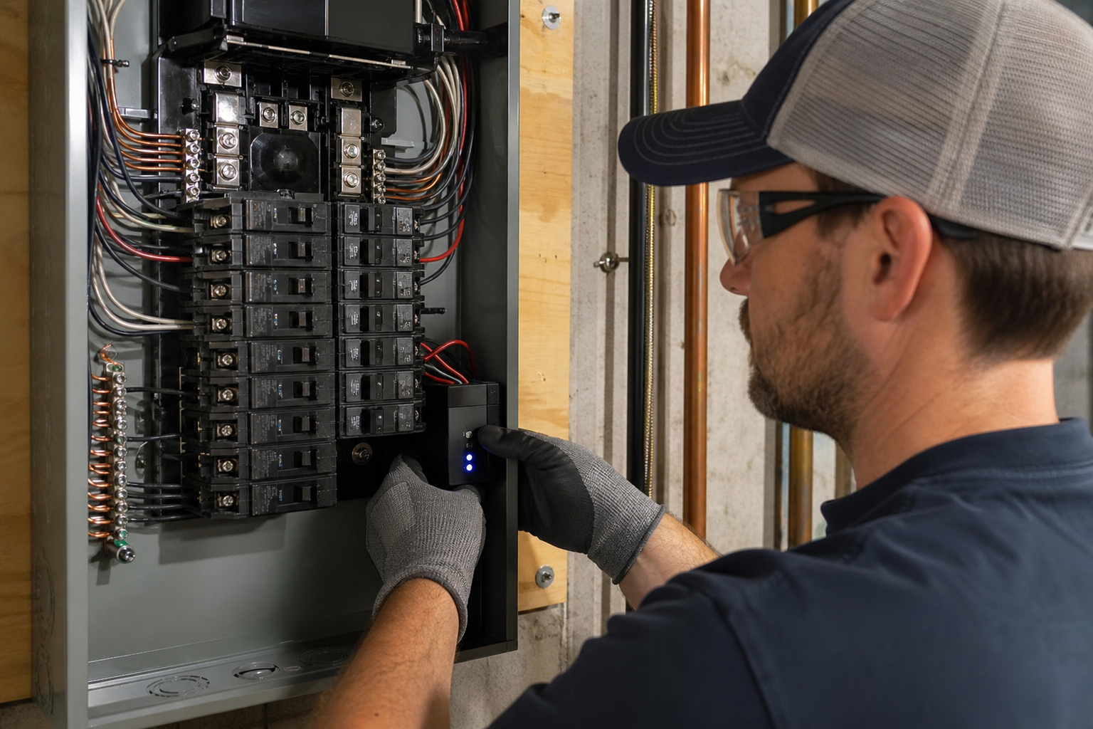 Licensed electrician installing a whole-home surge protective device at a residential electrical panel in Ontario