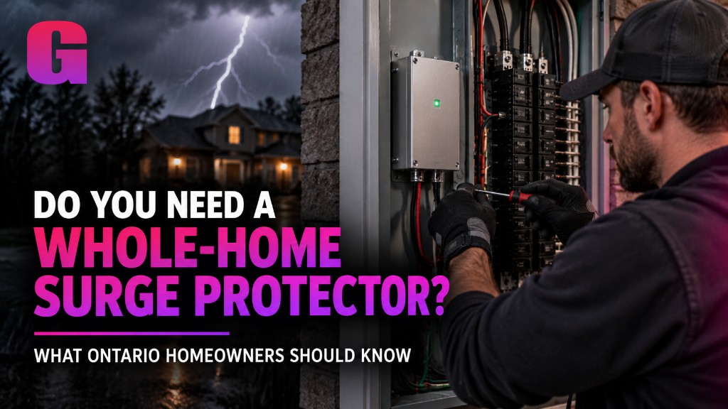 Do you need a whole-home surge protector — electrician installing panel SPD with storm lightning Ontario home theme